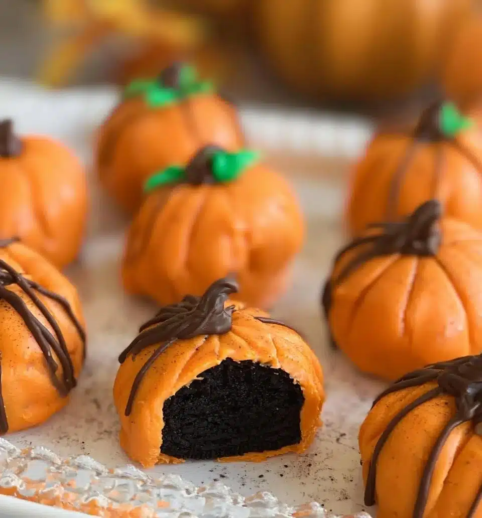 Delicious Pumpkin Oreo Balls topped with orange sprinkles on a white plate.