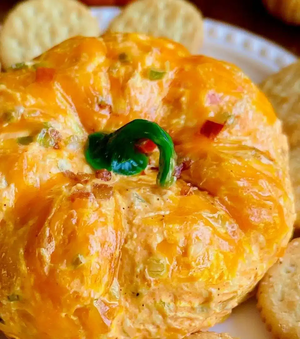 Festive pumpkin-shaped cheeseball for fall gatherings and parties