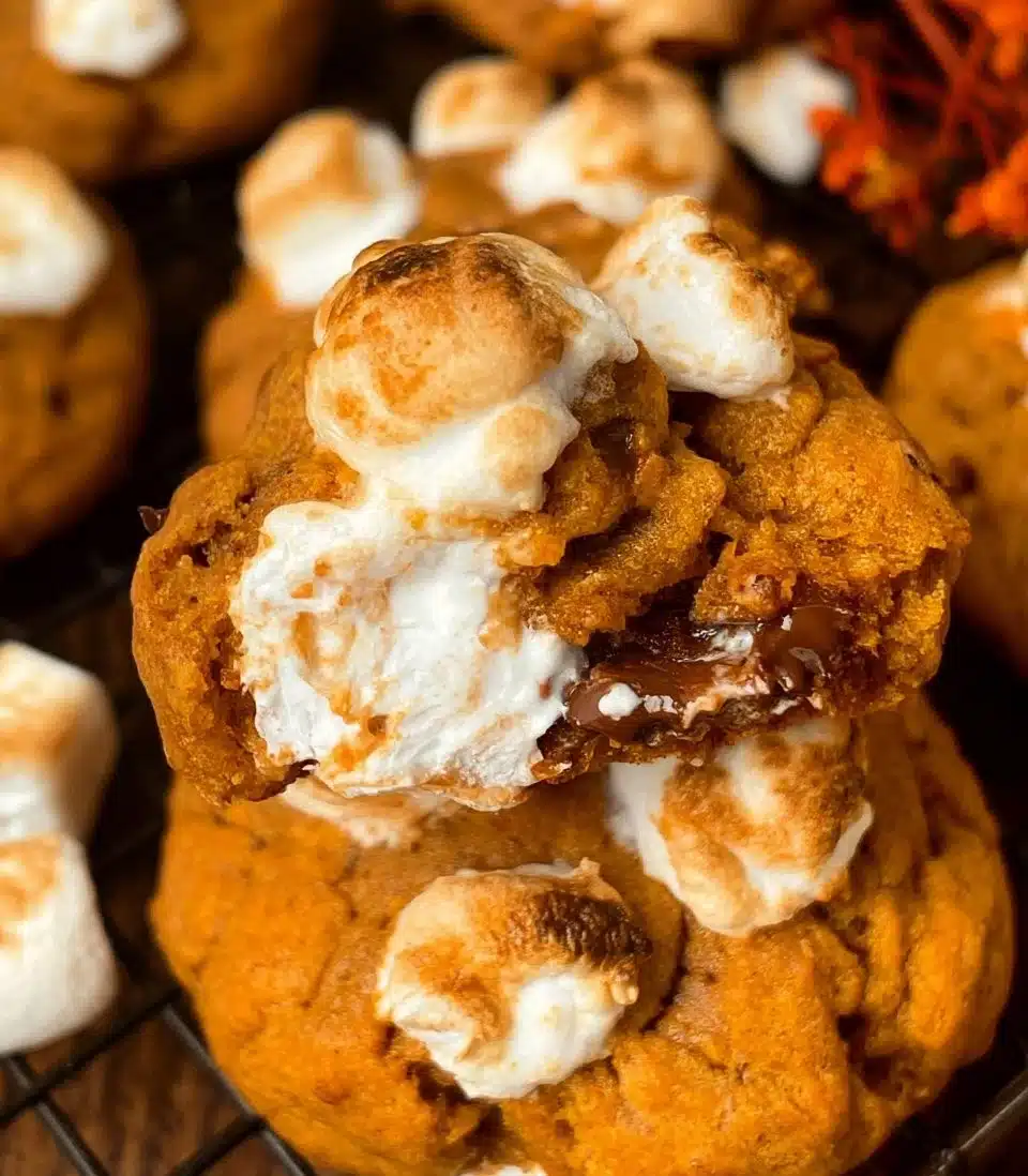 Deliciously baked Pumpkin Smores Cookies topped with marshmallows and chocolate
