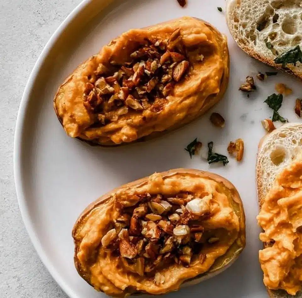 Creamy Pumpkin Whipped Feta dip served in a bowl with herbs