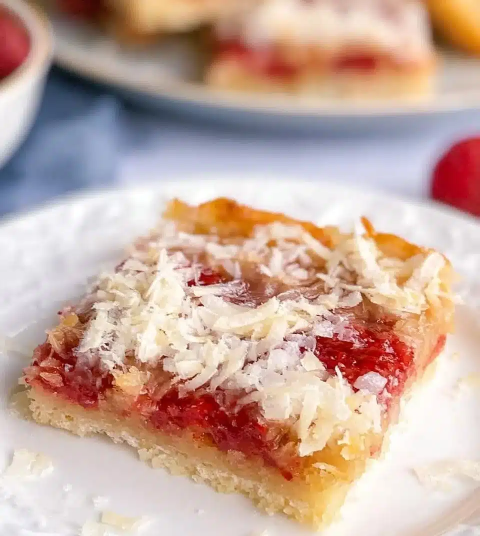 Delicious Raspberry Coconut Bars with a rich coconut and tart raspberry filling.
