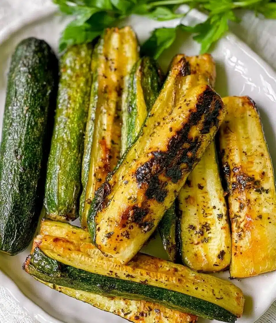 Plate of roasted zucchini seasoned and ready to serve