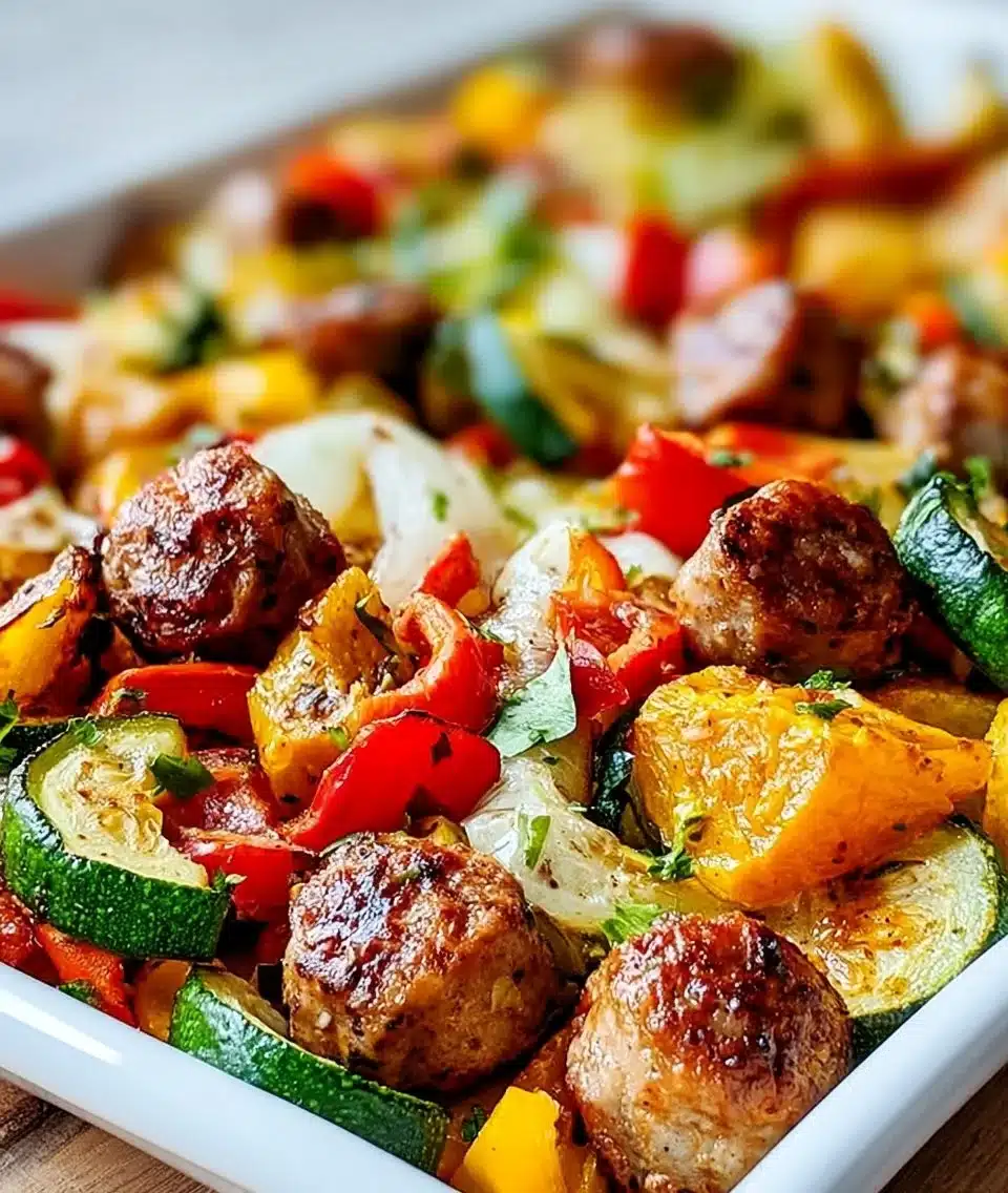 Sausage Peppers Zucchini Squash dish served on a plate with fresh herbs.