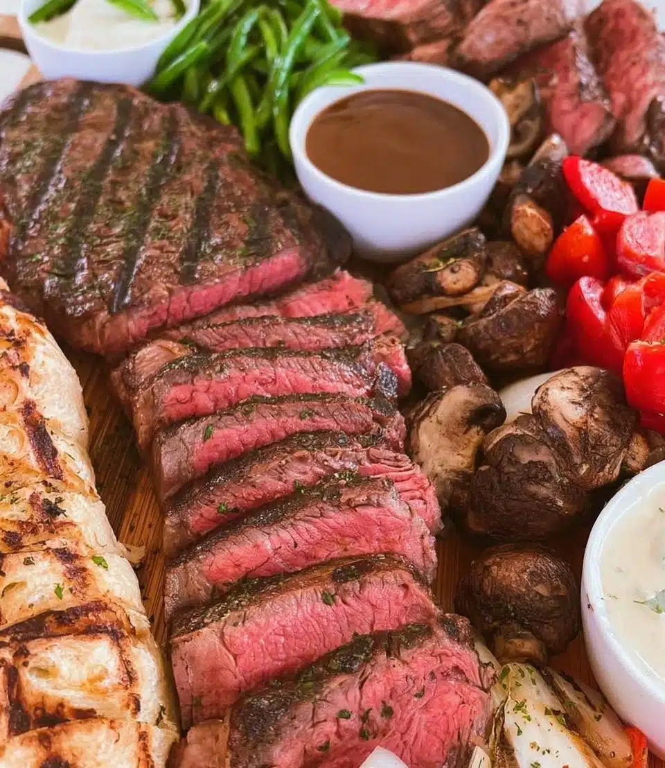 Delicious steak grazing board featuring assorted meats and accompaniments