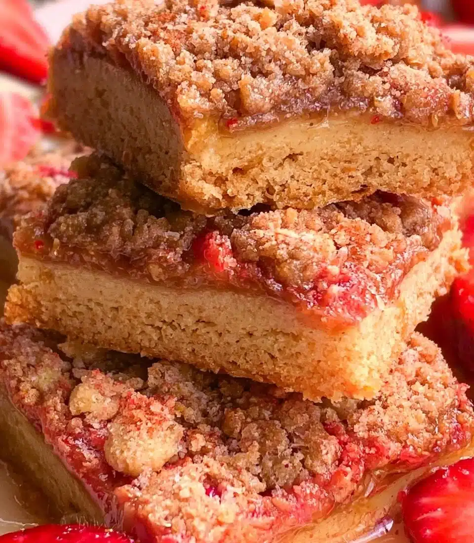 Strawberry crunch blondies topped with crushed strawberry and crispy bits