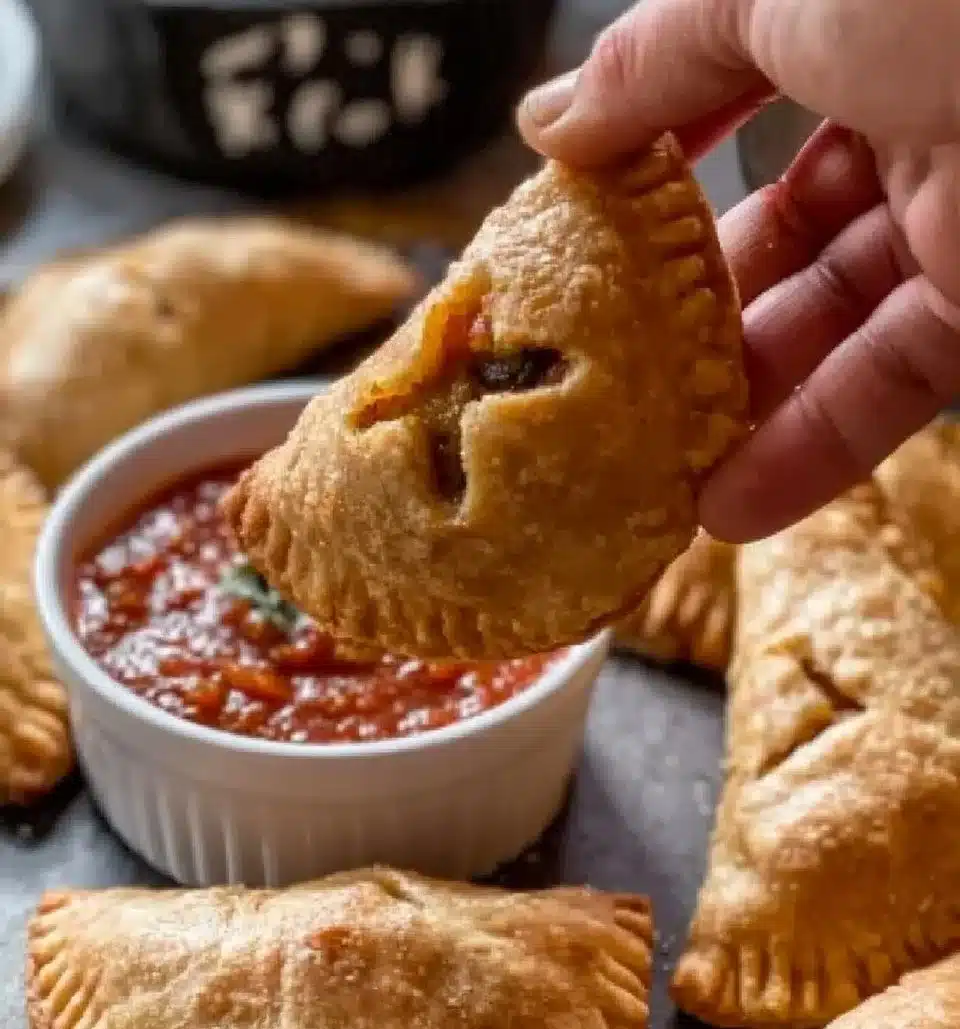 Golden taco hand pies filled with seasoned meat and fresh toppings