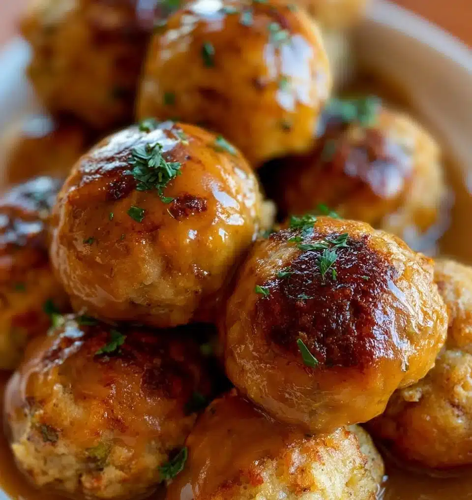 Homemade Thanksgiving stuffing balls served on a festive table.