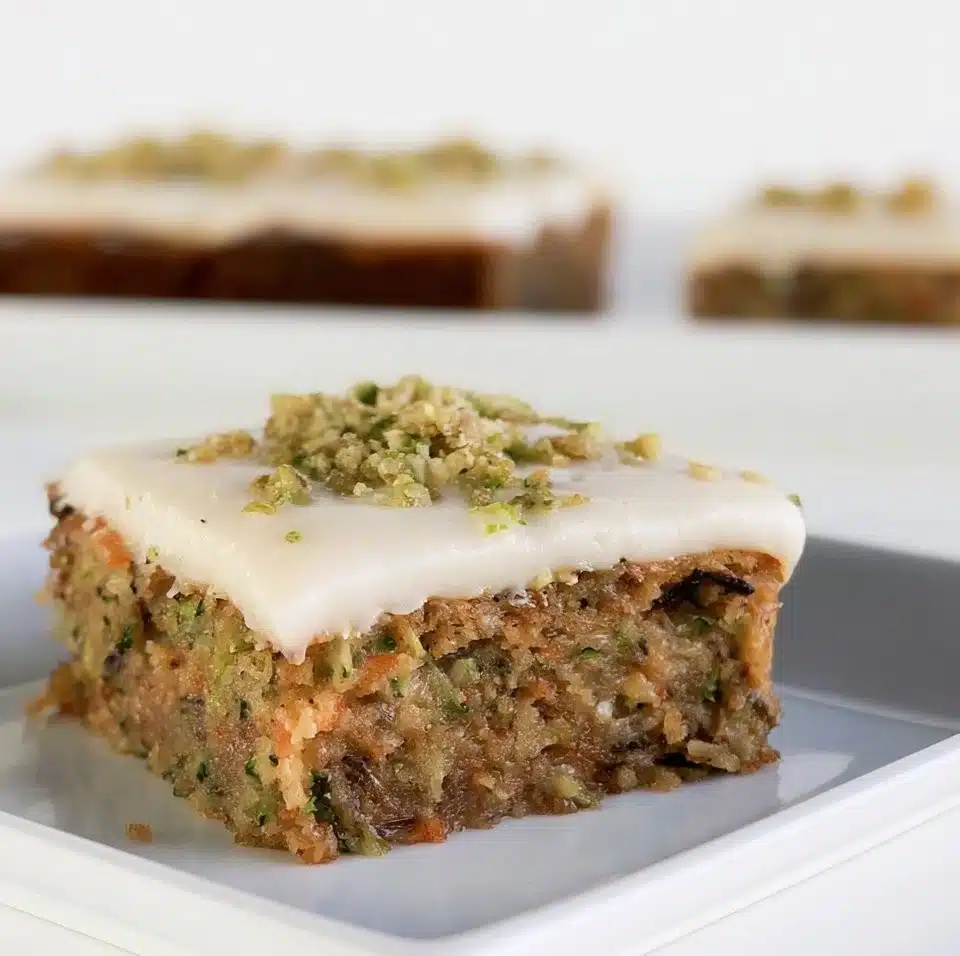 Delicious homemade zucchini bars with frosting on a white plate