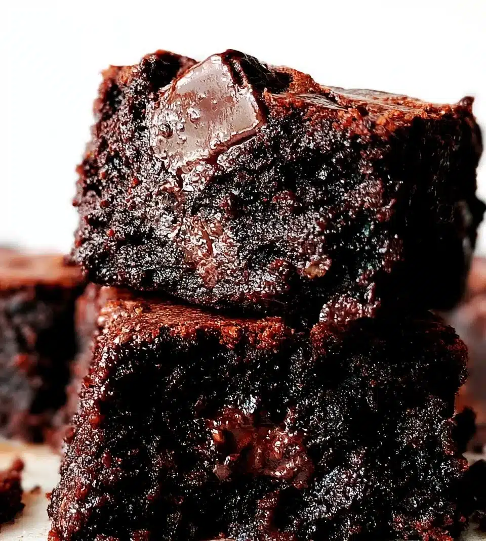 Delicious homemade zucchini brownies on a plate with chocolate drizzle.
