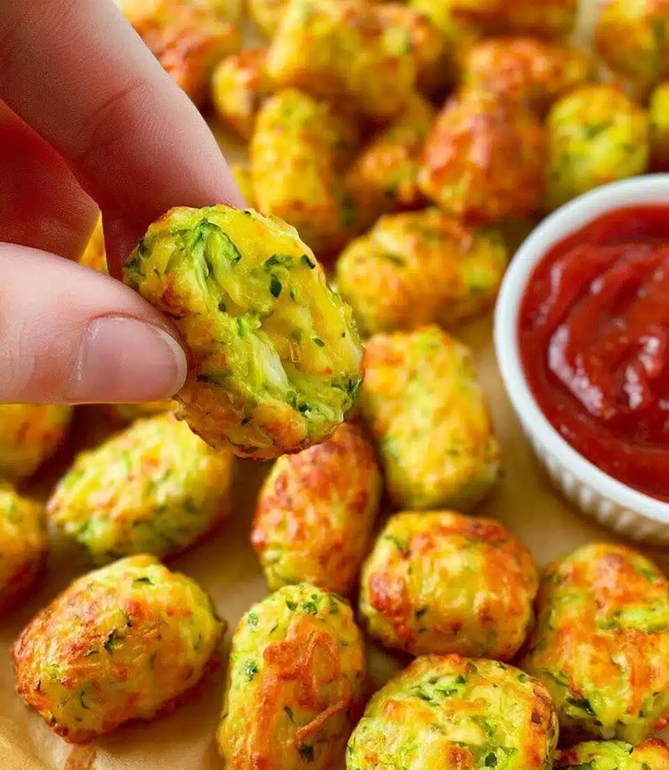 Crispy Zucchini Tots served on a plate with dipping sauce