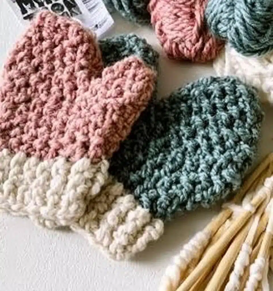 Cozy bulky mittens for warmth during winter activities.