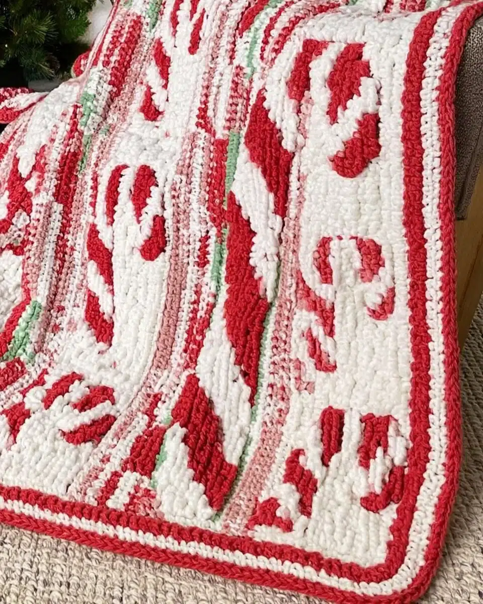 Candy Cane Lane Mosaic Blanket draped over a couch