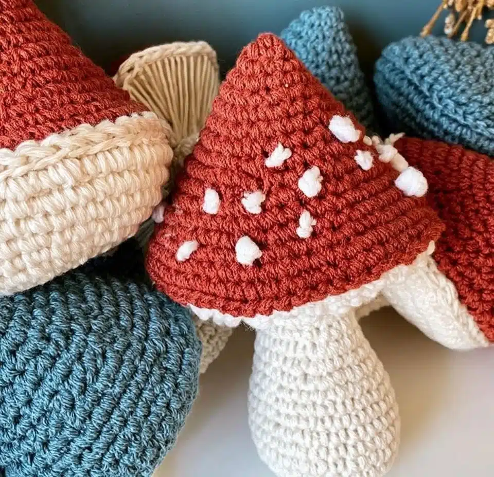 Colorful crochet mushroom decoration for home decor projects.