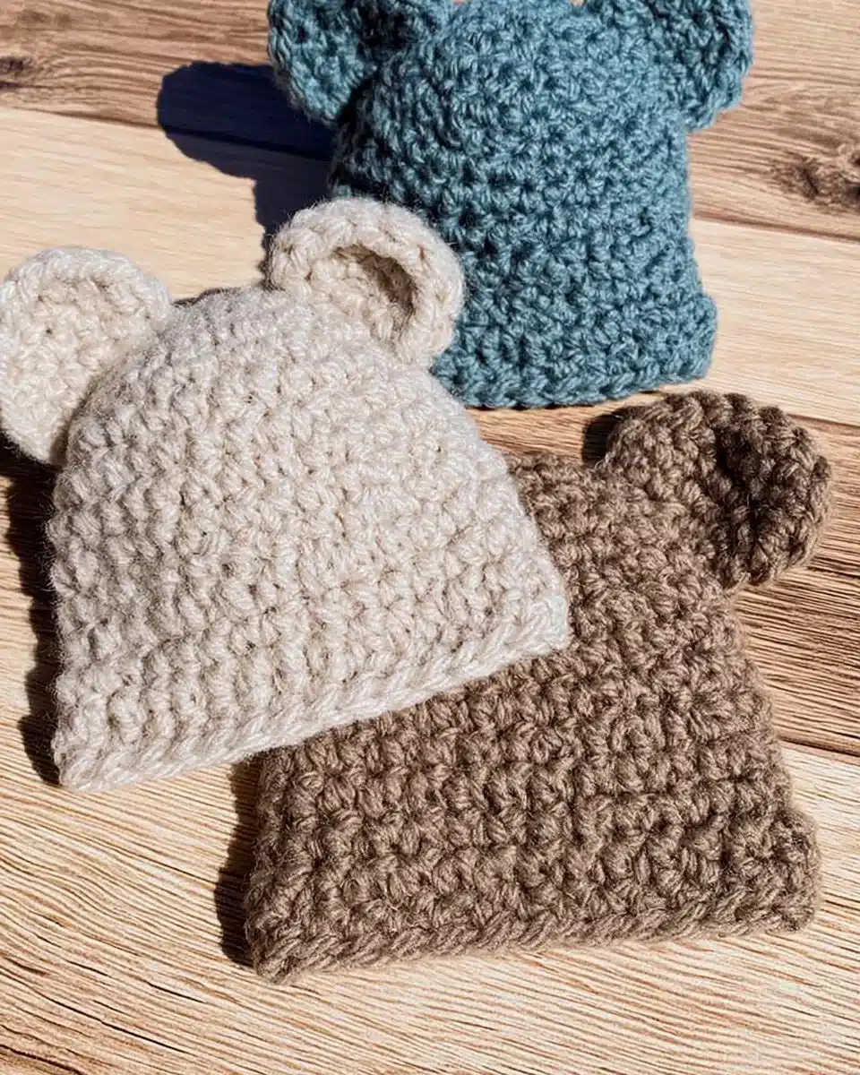 Crocheted bear hat with cute ears, perfect for keeping warm and stylish.