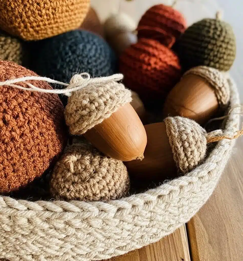 Rustic Farmhouse Acorn Crochet Pattern showcasing a cozy handmade design.